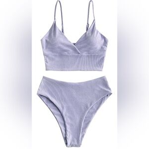Women's V Neck Tankini Set, Ribbed High Cut Surplice Bikini High Waisted